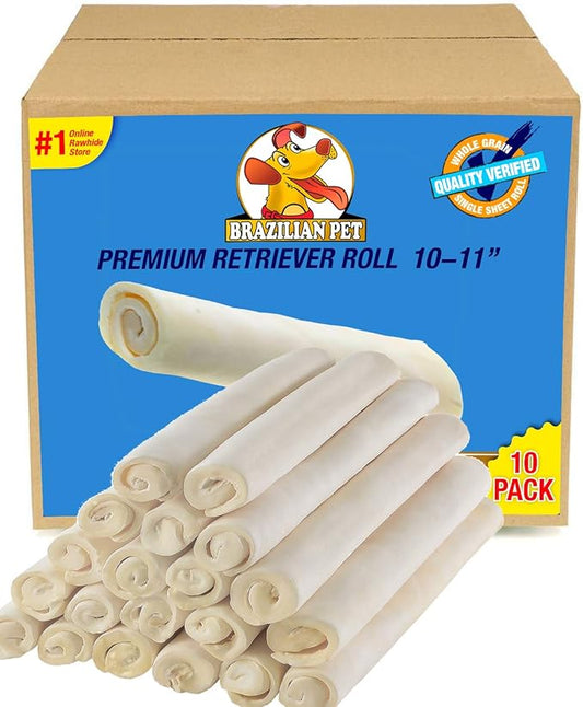 Brazilian Pet Premium Retriever Rolls 10-11 inches (10 Pack),100% Natural Dog Treat Chew. No Artificial Preservatives