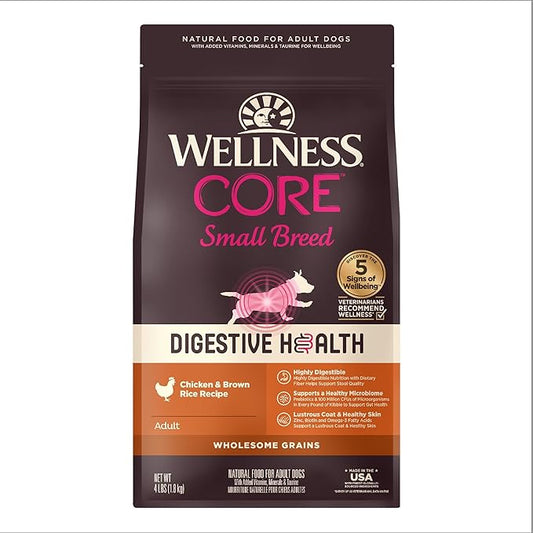 Wellness CORE Digestive Health Dry Dog Food, Small Breed, Wholesome Grains, Natural, Recipe for Dogs with Sensitive Stomachs, Chicken, (4-Pound Bag)