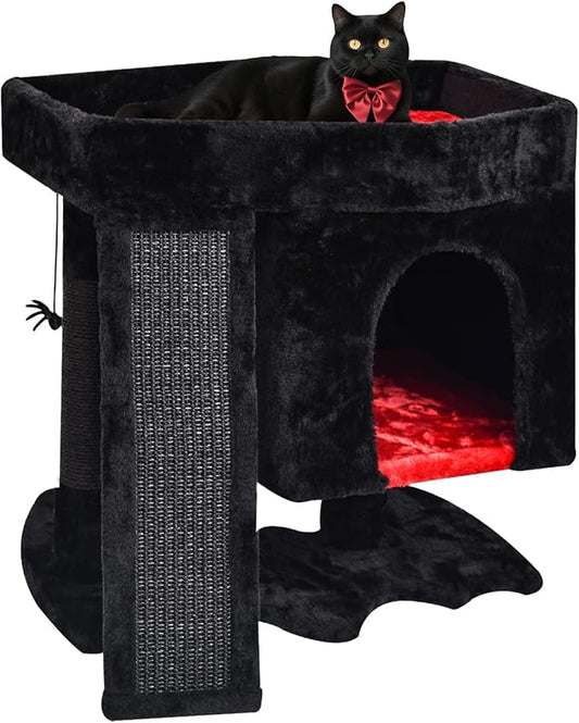 SYANDLVY Gothic Cat Tree with Coffin Bed for Indoor Cats, Cat Tower with Scratching Post, Modern Activity House for Large Cats, Condo with Board, Kittens Cave, Black & Red