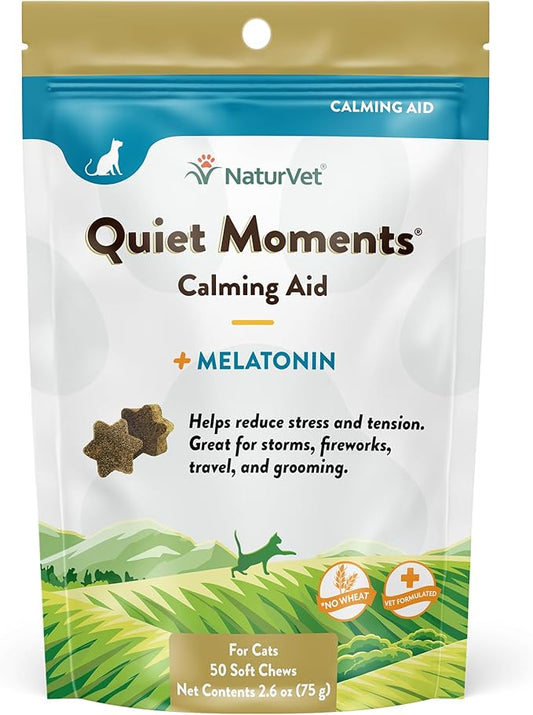 NaturVet Quiet Moments Calming Aid Cat Supplement Plus Melatonin ??Helps Reduce Stress in Cats ??for Pet Storm Anxiety, Motion Sickness, Grooming, Separation, Travel ??50 Ct. Soft Chews