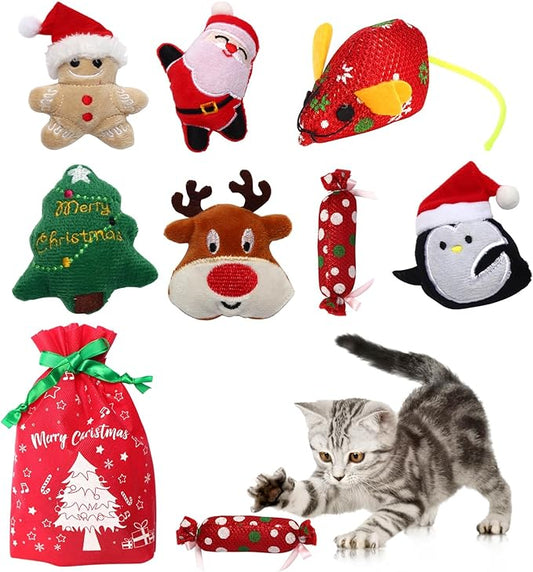 8 Pieces Christmas Cat Toys Catnip Toys Cat Chew Bite Resistant Toys Cat Plush Santa Claus Snowman Tree Toys for Christmas Holiday Cat Lover Gift
