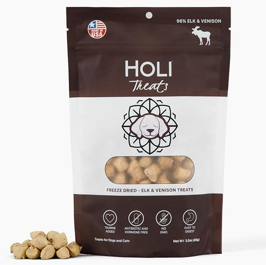 HOLI Elk & Venison Freeze Dried Dog Treats - All Natural and Wild Caught | Vitamin and Mineral Fortified | Made in USA - Human Grade - Grain Free - Diabetic Friendly - 3oz