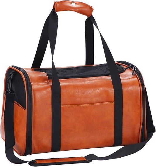 Fashion Leather Dog Carrier Cat Carrier Airline Approved Pet Carrier for Small Medium Dogs Cats Under 15Lbs, Collapsible Soft Sided Travel Puppy Carrier Brown