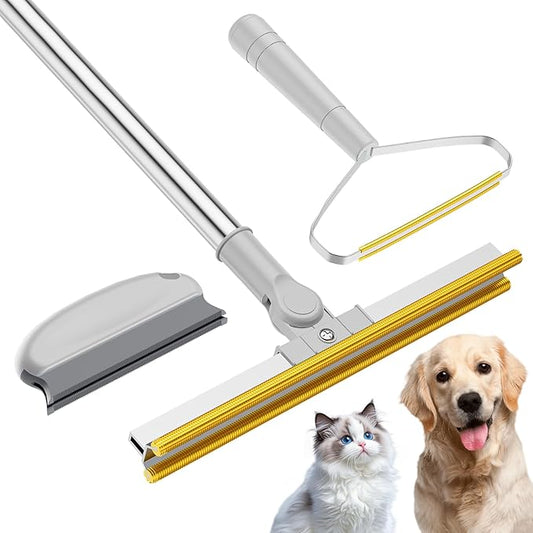 3 in 1 Carpet Rake for Pet Hair Removal, Tool Set of 3, 55??Long Handle Carpet Pet Hair Removal Carpet Scraper Dog Cat Hair Remover for Sofa, Couch, Car, Rug (Gray)