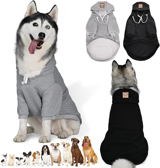 2 Pack Dog Hoodie for Large Medium Small Dogs, Soft Warm Dog Sweater Jackets Winter Fall Pet Hooded Clothes Custume Dogs Sweatshirt with Leash Hole and Pocket, Black ans Grey, XL