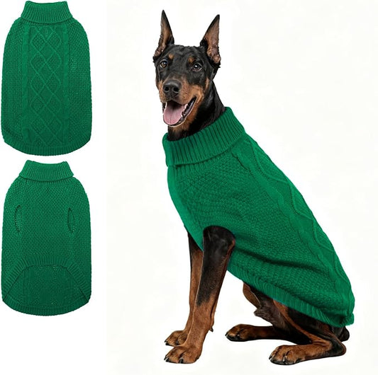 Mihachi Turtleneck Dog Sweater - Winter Coat Apparel Classic Cable Knit Clothes with Leash Hole for Cold Weather, Ideal Gift for Pet in New Year Green 2XL
