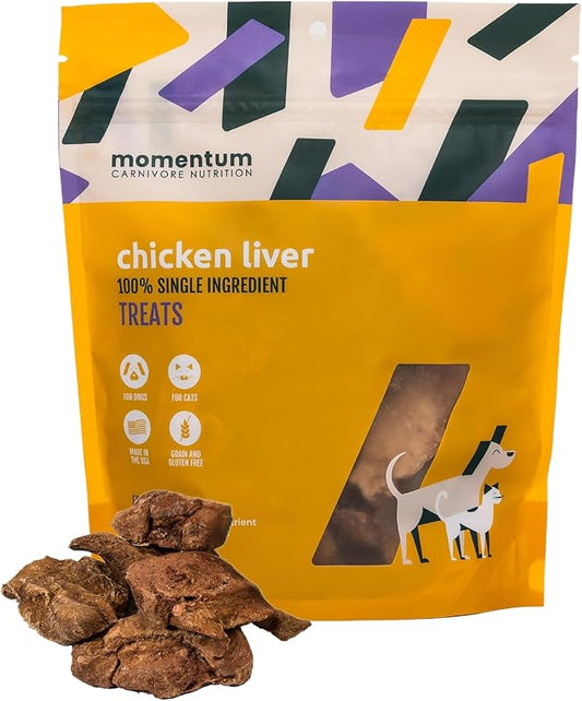 Momentum Carnivore Nutrition Freeze-Dried Chicken Liver Dog Treats & Cat Treats ??Single-Ingredient, High-Protein, Grain-Free, Naturally Flavorful ??Made in USA ??3.5 oz Bag