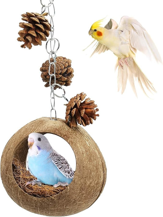 PINVNBY Natural Coconut Shells Bird Nest, Double-Opening Bird House with Coir Fiber Hanging Coco Hide Parakeet Nest Small Pet Cage Accessories for Lovebirds Cockatiel Budgies Hamster