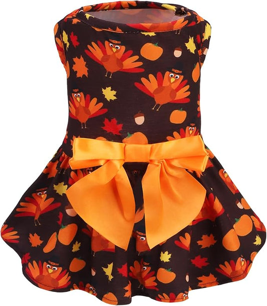 PUPTECK Print Dog Dress Pet Apparel for Thanksgiving with Cute Bowtie Puppy Clothes Outfit, Turkey, XS