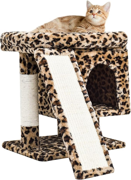 SYANDLVY Small Leopard Print Cat Tree with Perch for Indoor Cats, Cat Tower with Scratching Post, Modern Activity House for Large Cats, Condo with Board, Kittens Cave