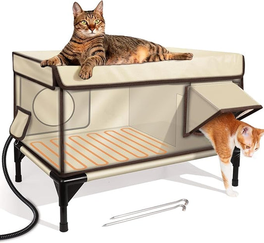 Weatherproof Heated Cat House for Outdoor in Winter, Heated Cat Bed Kitty Shelter with Cat Heating Pad, Insulated & Safe Escape Door, Warm House for Outside Stray Cat(Beige, 12.6"x16.5"x16.9")