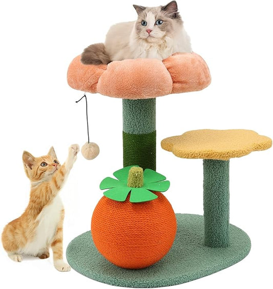 Sisal Cat Scratcher for Indoor Cat Kitten Sugar Ball Scratching Post with Hanging Ball,Solid Wooden 2 Level Track,Interactive Toy