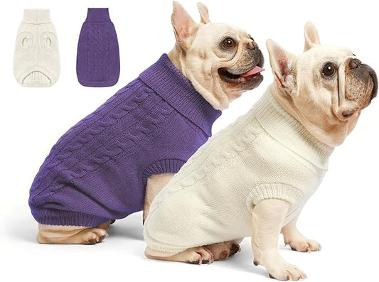 2 Pack Dog Sweaters for Small Dogs - Puppy Medium Warm Clothes in Winter, Turtleneck Pullover Design for Boy Girl Pet, Doggie, Cat, Kitten Chihuahua Bulldog Pug Beagles (M, Purple, Beige)
