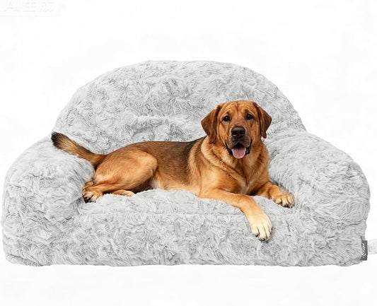 Vigoamar Dog Couch Bed, 35.5 x 22.8 x 17.7 Inches Luxury Fluffy Dog Bed for Dogs Indoor Use, Pet Sofa with Cozy Washable Cover and Non Slip Bottom for Cats and Small Medium Dogs (Large Size, Grey)