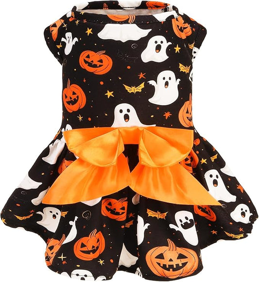 PUPTECK Print Dog Halloween Dress Pet Costumes Apparel with Cute Bowtie Puppy Clothes Outfit, Ghost, M