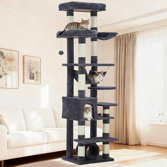 74" Tall Cat Tree,Large Cat Tree for Big Cats,Cat Tower with Scratching Posts, Condo, Perches, Hammock, Tunnel & Feeding Station,Deep Gray