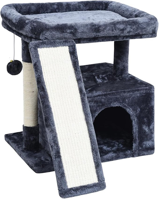 Small Cat Tree Tower for Indoor Use ??Stable Condo with Scratching Post, Perch, Board, and Hideout for Kittens(Smoky Grey)