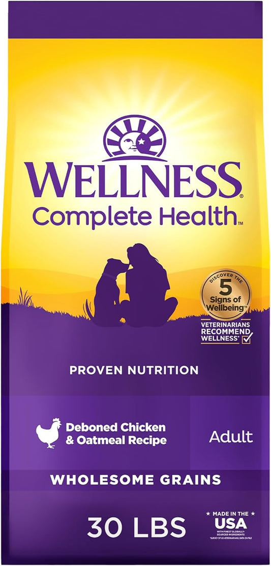 Wellness Complete Health Dry Dog Food with Grains, Made in USA with Real Meat & Natural Ingredients, All Breeds, Adult Dogs (Chicken & Oatmeal, 30-lb) ??With Nutrients for Immune, Skin, & Coat Support