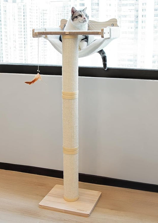 Cat Window Perch with Scratching Post, 47.3" Adjustable Cat Tall Scratching Posts &Upgraded Winter Cushion ??Multi-Level Perch for Climbing, Bird Watching, and Play, Supports 50 lbs (Drilling-Free)