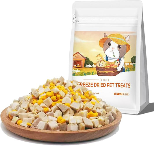 Freeze Dried Cat & Dog Treats ??8OZ Freeze Dried Chicken+Duck+Egg Yolk 3 in 1 Meat Snacks - High Protein, Bite-Sized, Training Treats Snacks (8 OZ)