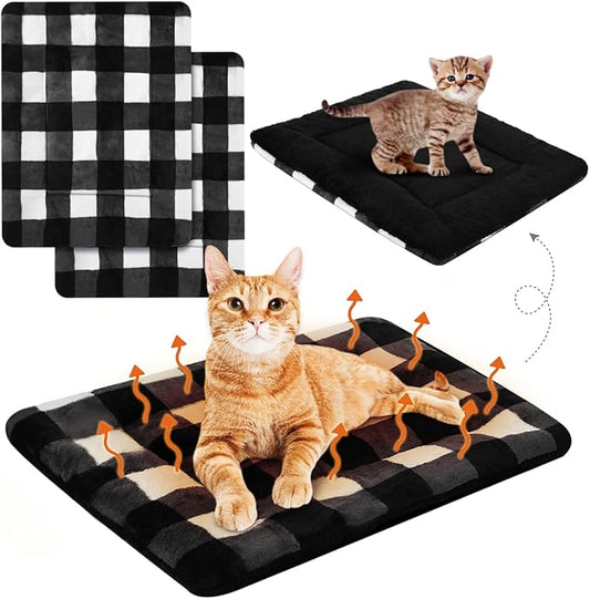 VitalCozy 2 Pack Self Warming Cat Mat Self Heating Pad Bed Reversible Machine Washable Reflects Body Heat Warm Thermal Pet Pad Crate Blanket for Feral and Indoor Cat (Black, White,22'' X 18'',Plaid)