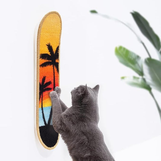 Wall Mounted Cat Scratching Board Skateboard Style (24"x6") - Reusable Wooden Board + Replaceable Cat Scratcher Map with Mounted Setup