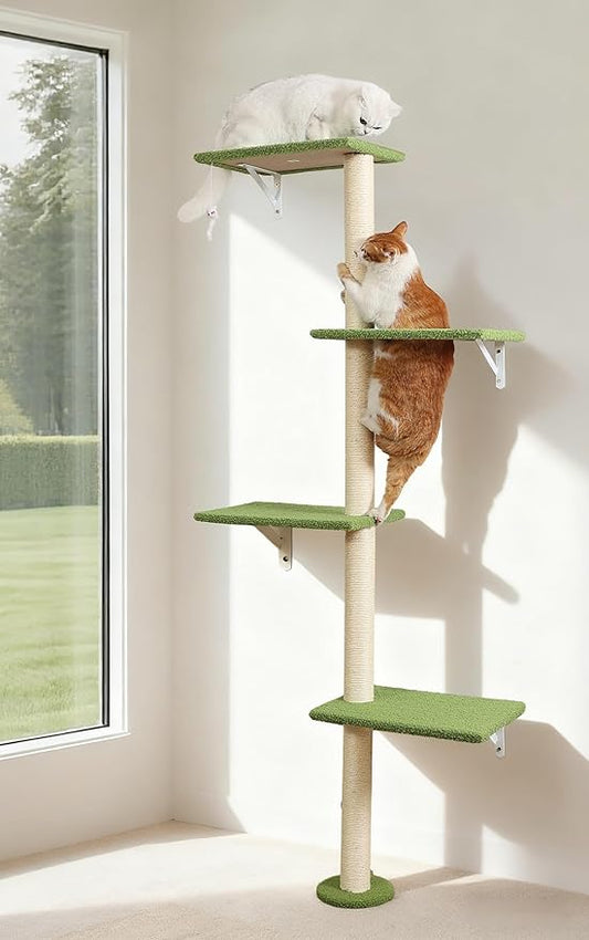 Tall Cat Scratching Posts,4 Tier Corner Cats Tree, Wall Mounted Kitten Tower,Carpeted Climbing Wall for Indoor Kitty Perching,Playing and Lookout(Green)