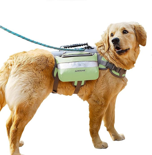 x Jumahe 2-in-1 Dog Vest Harness Backpack for 55-100 lbs Large Dogs, 2 Saddle Bags, Waterproof, Reflective Strips for Safe Walking, Hiking, Training (Green)