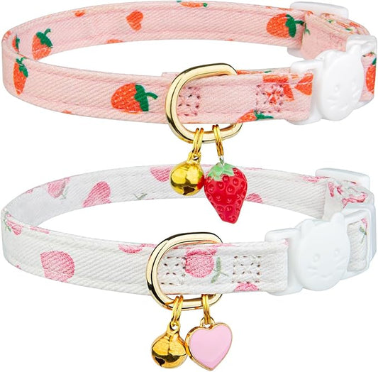 2 Pack Cotton Breakaway Cat Collar Pink Strawberries and White Heart Shaped Pendant Cute Kitten Cat Collar with Bell