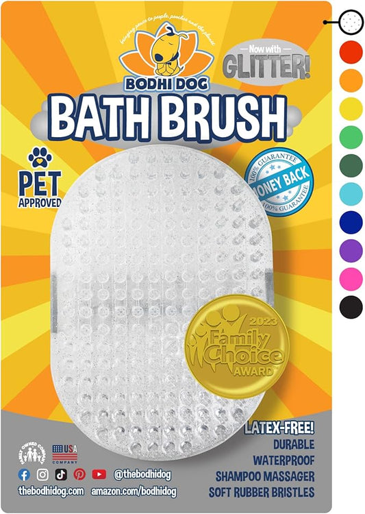 Bodhi Dog Shampoo Brush - Pet Grooming & Bath Supplies for Dogs and Cats - Bath Brush for Long & Short Hair - Premium Scrubber for Shower, Bathing & Massage (One Pack, Silver Glitter)