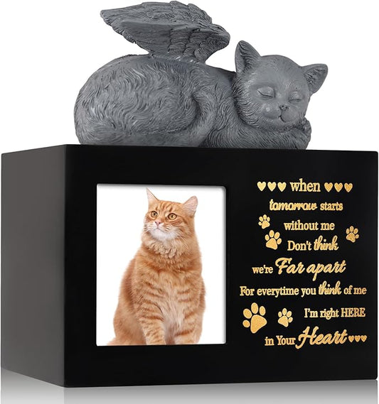 Pet Urns for Ashes, Black Wooden Cat Urns for Ashes with Cat Angel, Cat Memorial Keepsake Memory Box with Photo Frame, Loss Pet Sympathy Remembrance Gift (Medium - Memory)