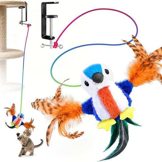 Cat Toys Rechargeable, Multi Functions Flapping Bird Parrot, Lifelike 4 Animal Sounds, Touch/Timed Automatic Activate Interactive Exercise Kicker Kitten Toys for Indoor All Breeds with Catnip