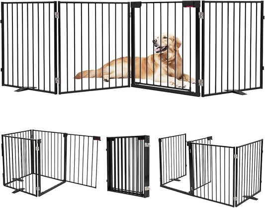104" Extra Wide Dog Gate, Heavy Duty Metal Freestanding Dog Gate with Door for Indoor & Outdoor, Foldable Pet Fence for Doorways,House,Porch,Deck,Yard,Stairs, Auto Close(4 Panels,Black)