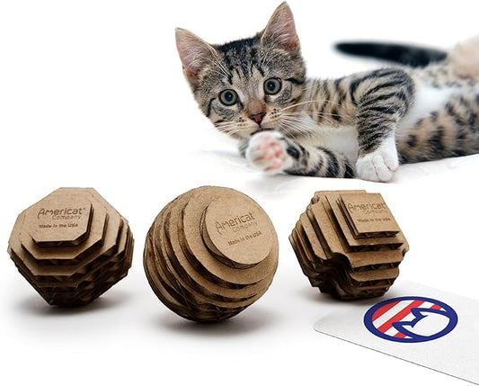 Cat Ball Toys by Americat ??Made in USA ??Safe Cardboard Cat Toys ??for Interactive and Independent Play, Exercise & Stress Relief for All Breeds & Ages (Variety Pack of 3 Balls)