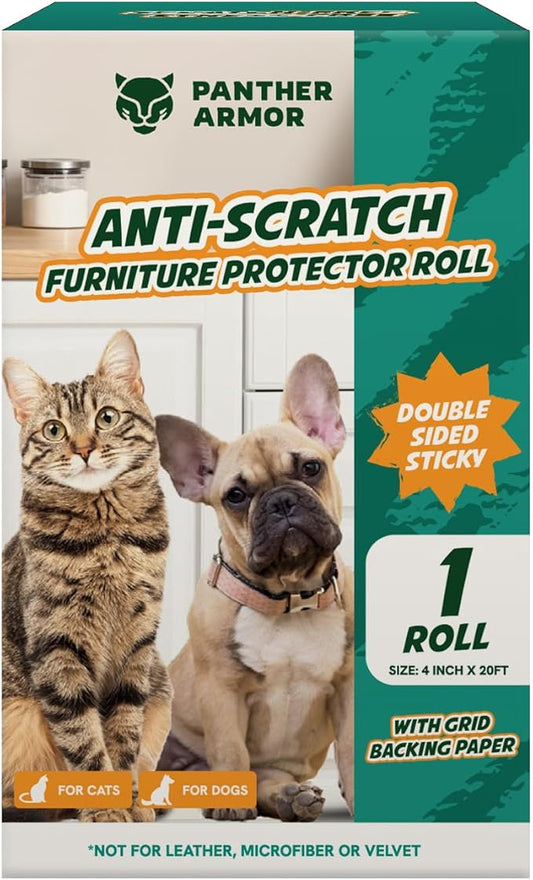1 Roll Cat Scratch Furniture Protector Tape ??Double-Sided Sticky Training (4" x 20ft) ??Anti-Scratch Sofa & Couch Guard ??Clear, Easy to Apply & Remove ??Not for Leather, Velvet, Microfiber