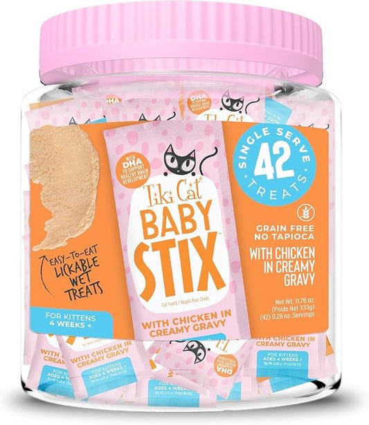 Tiki Cat Baby Stix Wet Cat Treats, Chicken in Creamy Gravy, 0.28 oz. Sachets (42 Count Jar)