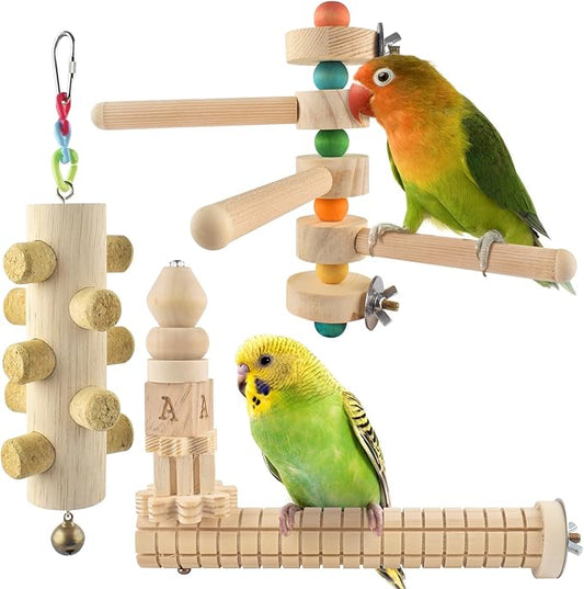 3pcs Natural Wood Bird Perch Toys, Rotating Perch Stand, L-Shaped Perches with Chew Block, Hanging Cork Stopper Toy, Birdcage Accessories for Small Medium Parrots Cockatiels Quaker Caique