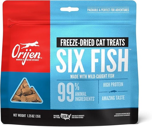 ORIJEN Freeze Dried Cat Treats Grain Free High Protein Raw Animal Ingredients Six Fish 1.25oz Bag