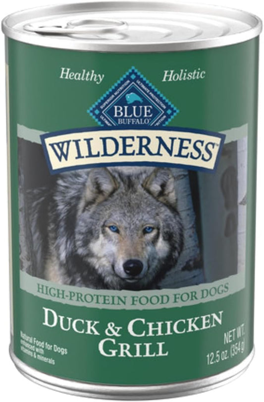 Blue Buffalo Wilderness Adult Wet Dog Food, High-Protein & Grain-Free, Made with Natural Ingredients, Duck & Chicken Grill, 12.5-oz. Cans, 12 Count