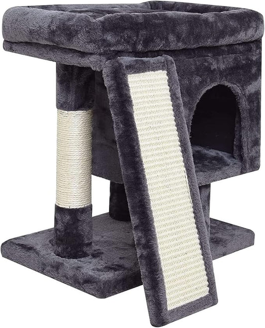 SYANDLVY Small Cat Tree for Indoor Cats Large Adult, Activity Tower with Scratching Post, Modern House with Padded Perch, Kittens Condo with Board, Cat Cave (Smoky Grey)