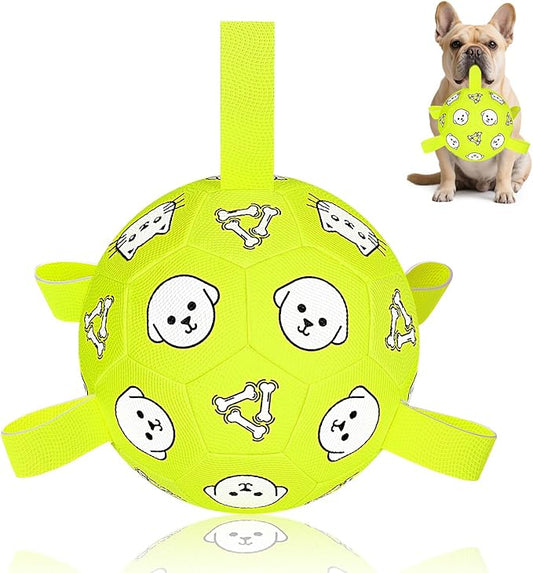 Dog Soccer Ball, Durable Dog Soccer Ball with Straps, Water Fetch Toys, Dog Toys Outdoor, Fun Puppy Birthday Gift for Small & Medium Dogs, 6 Inch