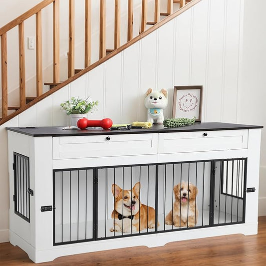 Large Dog Crate Furniture-Decorative Heavy Duty Dog Cage Indoor, Wooden Dog Cage End Table with Charging Station, Dog House with 2 Drawers (White, 70.86''L)