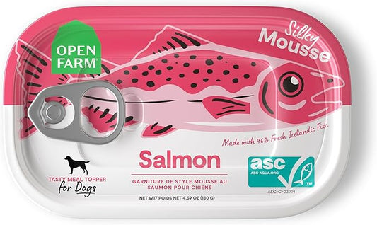 Open Farm, Canned Dog Food Topper, Silky Mousse Made with 96% Responsibly Sourced Icelandic Fish, Grain & Legume Free, Salmon Recipe, 4.59oz Cans (Pack of 12)