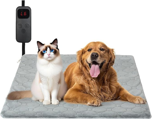 Cat Heating Pad, 6 Adjustable Temperature & 5 Timer Options, 17.7'' x 17.7'' Pet Heating Pad for Cats Dogs, Waterproof Indoor Outdoor Electric Heated Cat Bed Dog Mat with Chew-Resistant Cord (Grey)