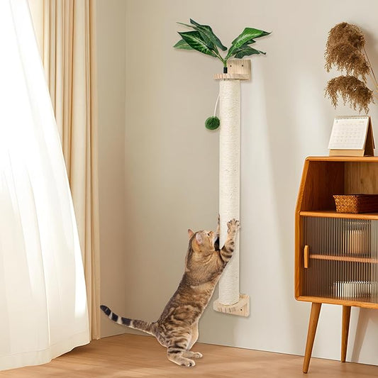 Wall-Mounted Cat Scratching Post with Hanging Ball, Cat Climbing Perch with Sisal & Plush, Space-Saving Cat Tree for Indoor Cats Adult