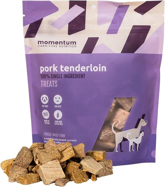 Momentum Carnivore Nutrition Freeze-Dried Pork Tenderloin Dog Treats & Cat Treats ??Single-Ingredient, High-Protein, Grain-Free, Lean & Naturally Tender ??Made in USA ??3.5 oz Bag