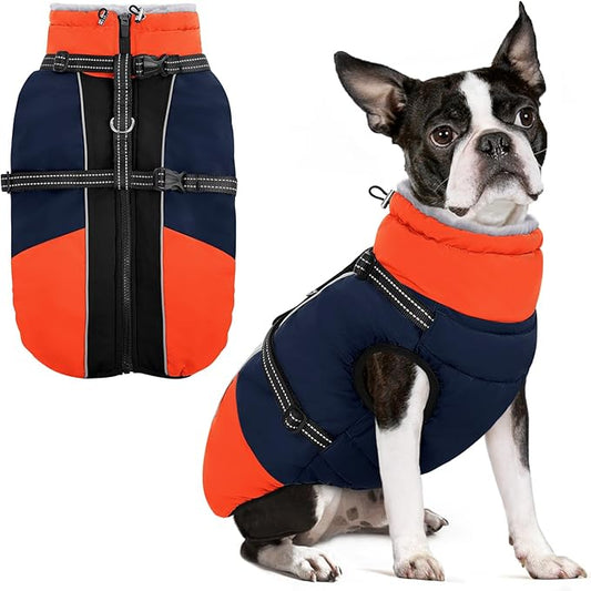 SUNFURA Small Dog Coat with Harness Built-in, Warm Dog Jacket with Zip, Reflective Winter Coat Pet Sweater Clothes for Small Dogs Schnauzer, Yorkshire Terrier, Shih Tzu, Blue S