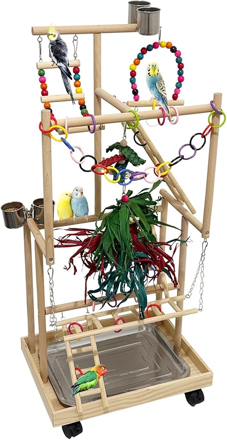 4-Tier Large Wooden Bird Playground with Wheels, Natural Wood Parrot Play Stand Birds Perch Stand Gym with Ladder Toy Accessories for Cockatiel Cockatoo Quaker