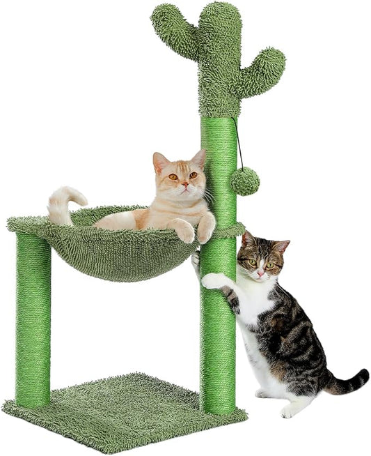 PAWZ Road Cactus Cat Tree, 33 Inchs Cat Tower with Large Soft Hammock and Fully Wrapped Sisal Scratching Post for Indoor Cats