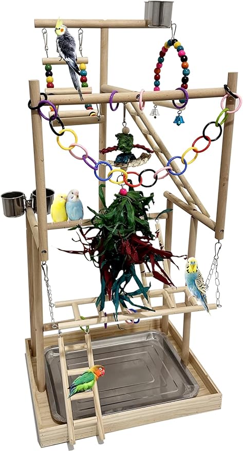4-Tier Large Wooden Bird Playground with Trays Cups Ladder - Parrot Playstand, Birds Play Stand, Wood Perch Gym for Parrots Cockatiels - Durable Multi-Level Bird Activity Center
